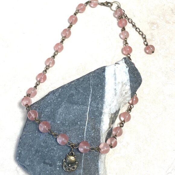 Cute Cherry Quartz Bronze Fortune Cat Adjustable Pendant Choker - Picture 6 of 16